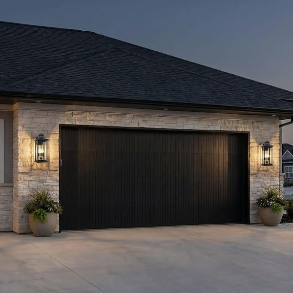 Black Outdoor Wall Lantern Sconce-19.5 in. with Tempered Glass Shade, Dusk to Dawn, Hardwired, No Bulb Included