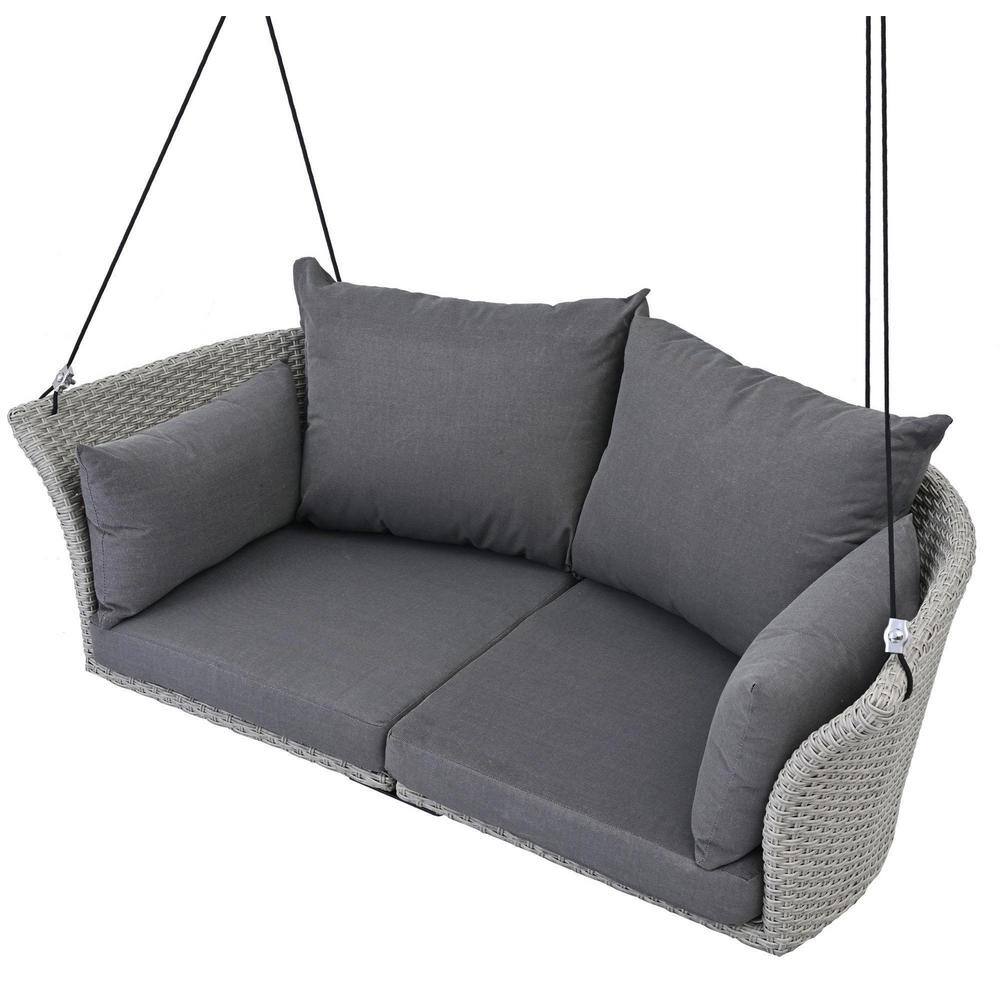 51.9 in. 2-Person Gray Wicker Porch Swing with Cushions and Pillows ...