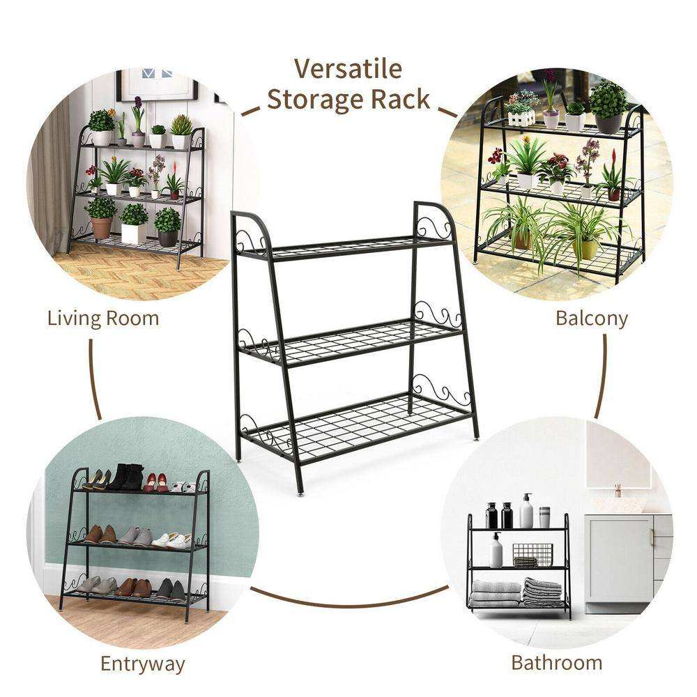 Black Steel 3-Tier Plant Stand with Adjustable Footpads
