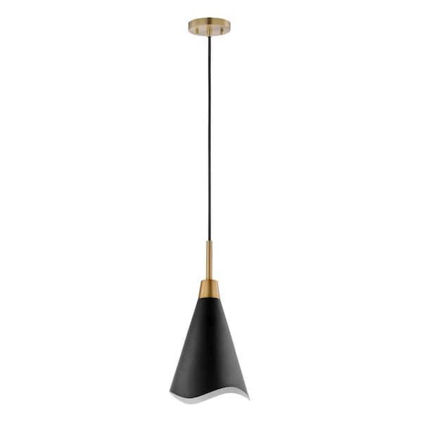 SATCO Tango 60-Watt 1-Light Matte Black/Burnished Brass Shaded Pendant Light with Matte Black Metal Shade, No Bulbs Included