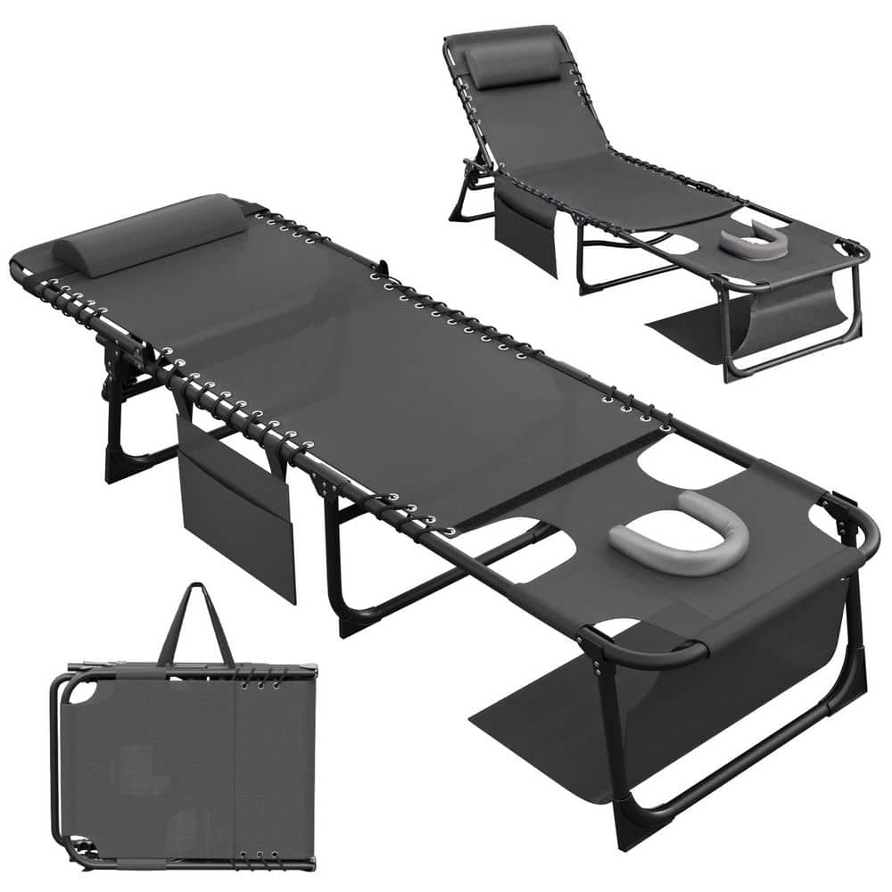 Metal Folding Outdoor Chaise Lounge with Face Hole, 5-Position Reclining Portable Patio Chair, Gray price history on PriceWatchPro