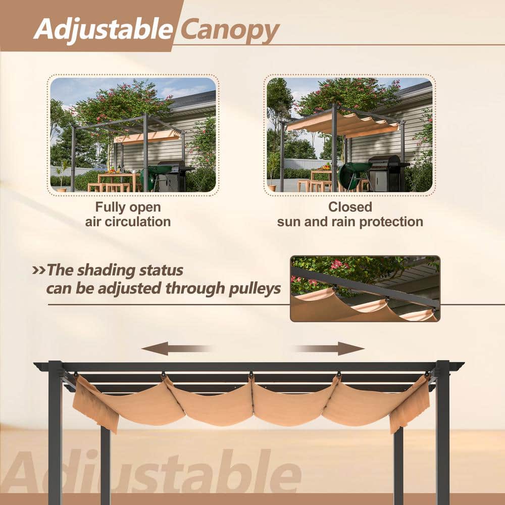 Khaki 10x10 Steel Patio Pergola with Retractable Canopy
