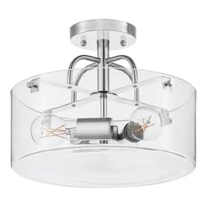 Shirwell 13.5 in. 3-Light Chrome Round Semi-Flush Mount, Modern Ceiling Light with Clear Glass Drum Shade