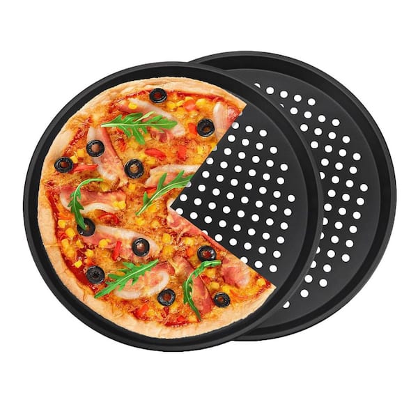 2-Piece Nonstick Carbon Steel Pizza Pan Set with Holes Perforated Round Bakeware Pizza Tray for Kitchen Oven