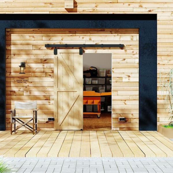 30 in. x 80 in. K-Shaped, Solid Pine Wood, Light Brown Primed Exterior Sliding Barn Door with Hardware Kit