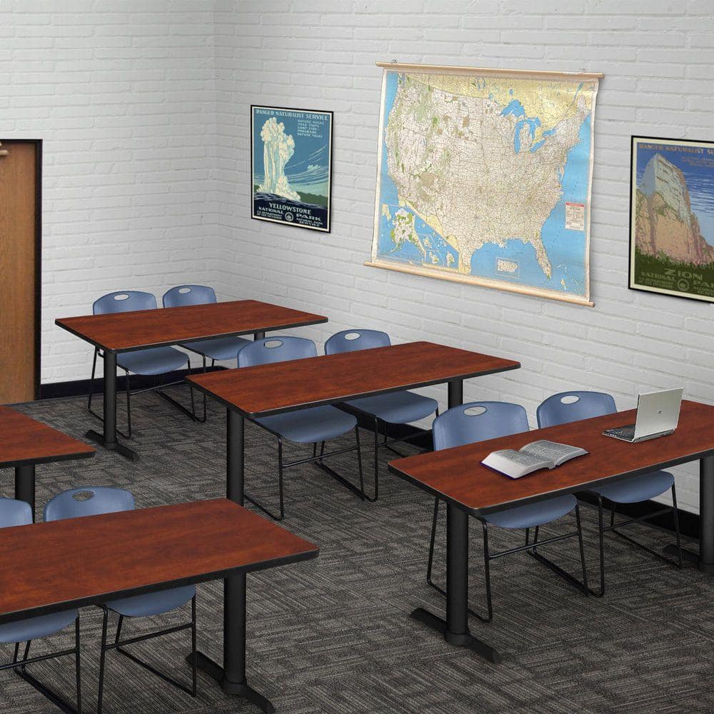 Cain 48 in. x 24 in. Cherry T-Base Training Seminar Table Desk and 2 Zeng Stack Chairs-Blue