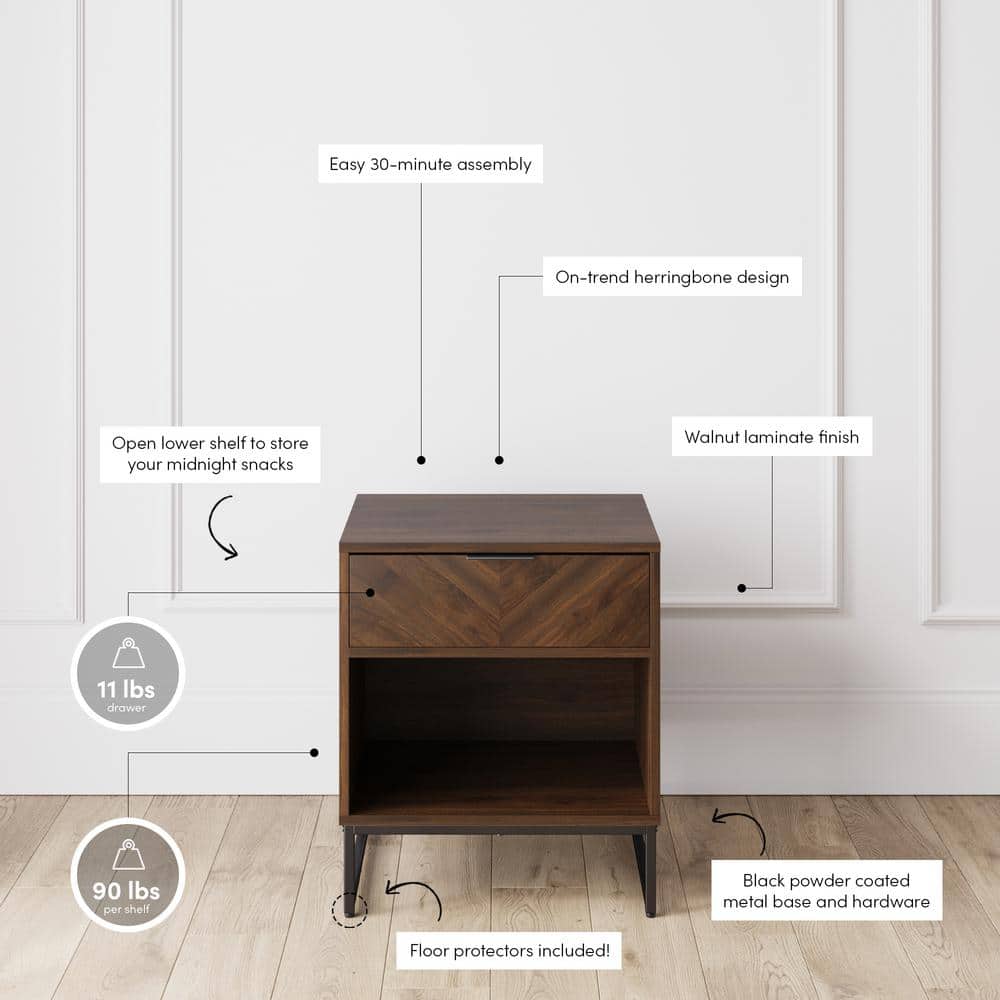 Kensi Rustic Walnut and Black 2-Drawer Nightstand with Matte Metal Base