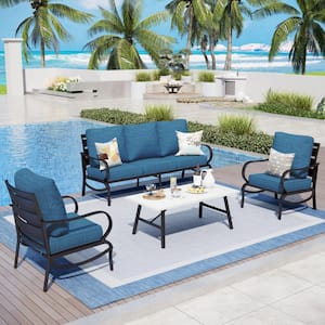 Metal Slatted 5 Seat 4-Piece Outdoor Patio Conversation Set with Peacock Blue Cushions, Table With Marble Pattern Top