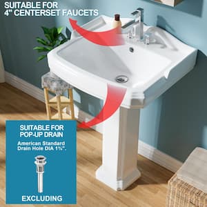 23 in. Pedestal Combo Bathroom Sink White Vitreous China Rectangular Pedestal Sink for Bathroom Combo Sink with Overflow