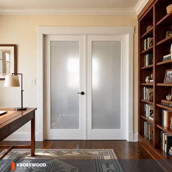 48 in. x 80 in. Craftsman Shaker 1-Lite Satin Etch Both Active MDF Solid Core Double Prehung French Door