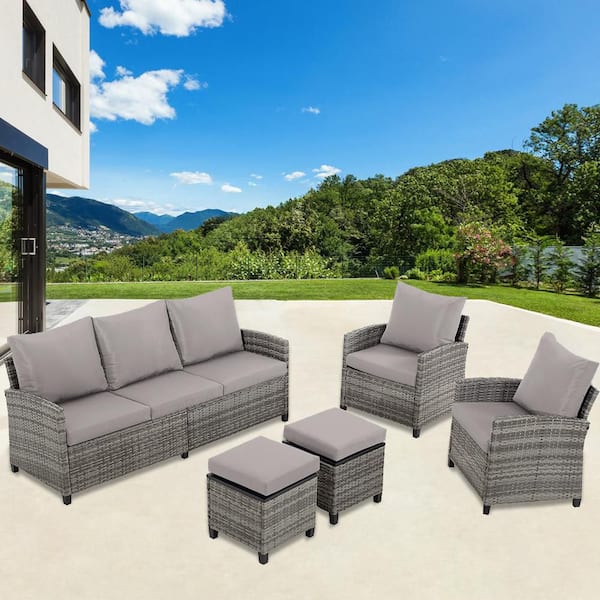 5-Piece Gray Wicker Outdoor Couch with Gray Cushions