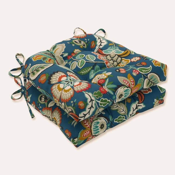 Pillow Perfect Floral 17.5 x 17 Outdoor Dining Chair Cushion in Blue/Tan (Set of 2)