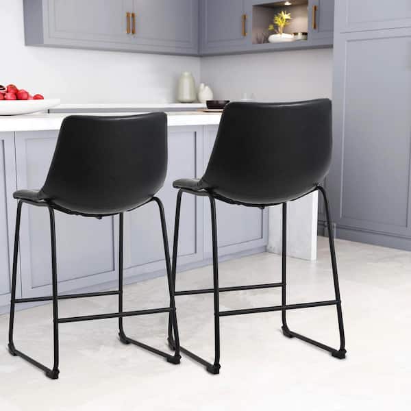 Dovelina KY 24 in. Black Low Back Metal Frame Counter Height Bar Stool with Faux Leather Seat (Set of 2)