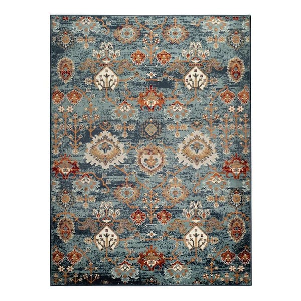 8 ft. x 10 ft. Teal Rust and Orange Oriental Power Loom Area Rug