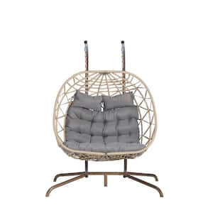 2-Person Wicker Patio Swing Egg Chair Hanging Egg Swing Chairs with Stand Double Hammock Chair with Light Gray Cushions