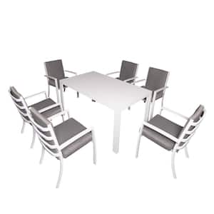 Patio Dining Set, 7-Piece Aluminum Outdoor Dining Set with White Cushion and 57 in. Rectangle Table plus 6 Armchair
