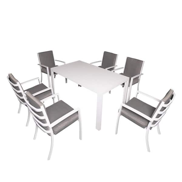 PATIOPTION Patio Dining Set, 7-Piece Aluminum Outdoor Dining Set with White Cushion and 57 in. Rectangle Table plus 6 Armchair