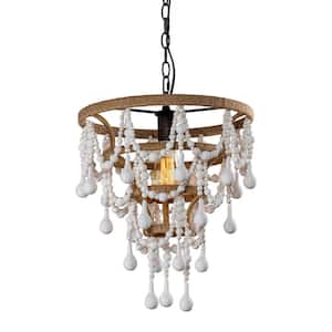 Modern 1-Light Distressed White Wood Beaded Chandelier with Hemp Rope