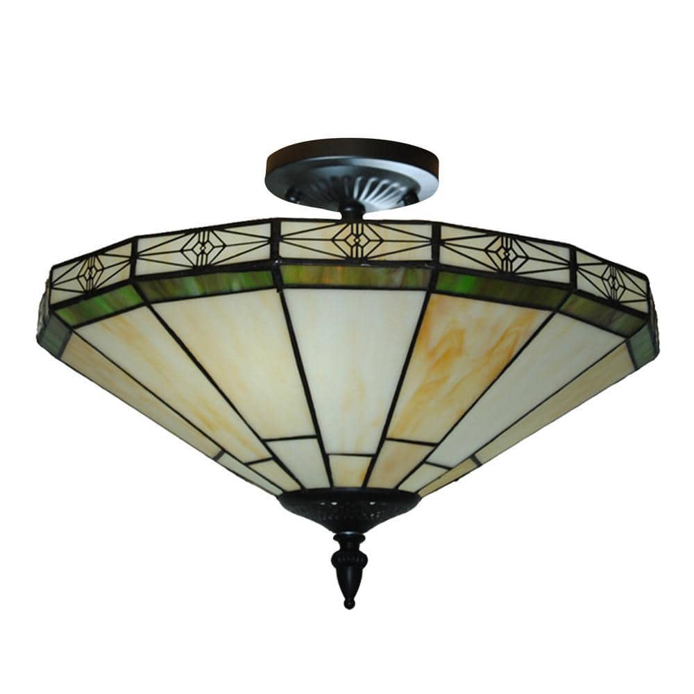 OUKANING 15.75 in. 2-Light Beige Vintage Elegant Stained Glass