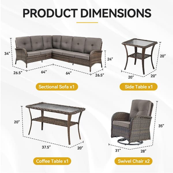 6-Piece Brown Wicker Outdoor Sectional Set with Olefin Gray Cushions and L-Shaped Sofa/Swivel Glider Chairs