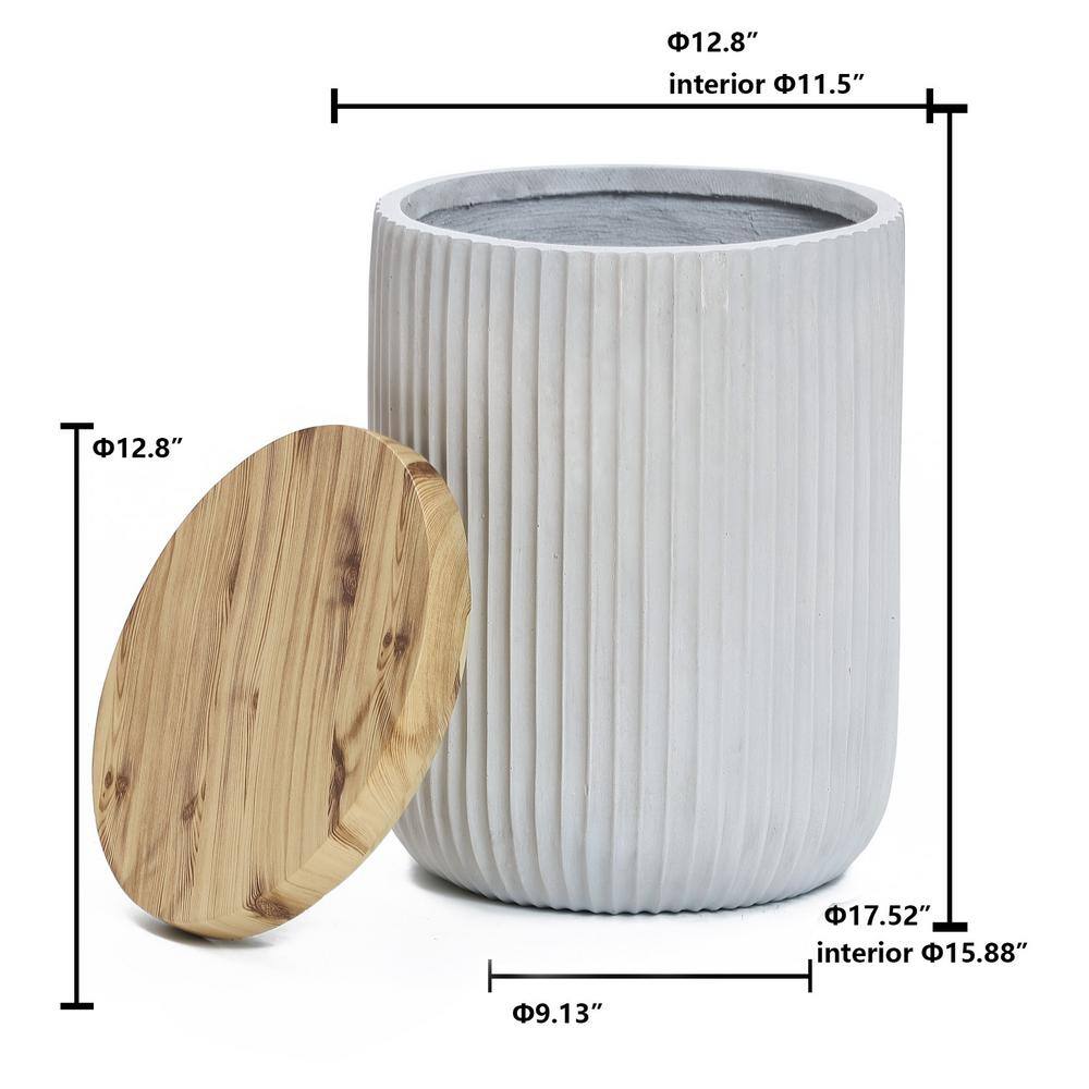 Gray Cement and Faux Wood Round Patio Side Table with Storage