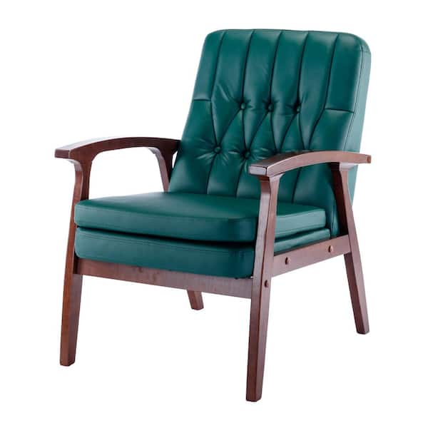 TIRAMISUBEST TD Garden Mid Century Outdoor Lounge Chair Retro Modern Wood Armchair with Green Cushion