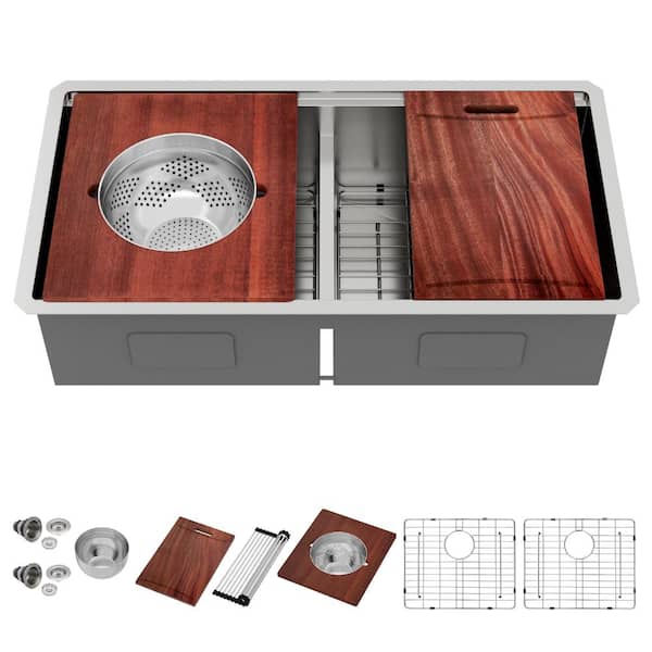 36 in. Undermount 50/50 Double Bowl 16 Gauge Stainless Steel Workstation Kitchen Sink Low Divide with Accessories