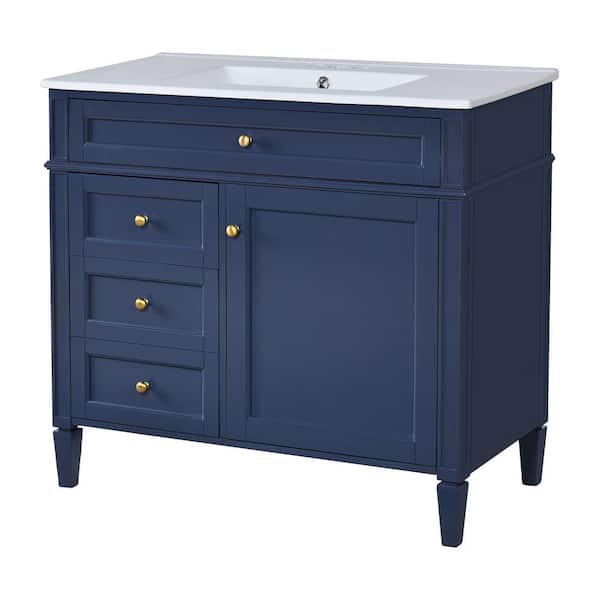 36 in. W Single Sink Blue Bath Vanity with White Ceramic Sink Top and Tip-out Drawer Bathroom Storage Cabinet Unassemble