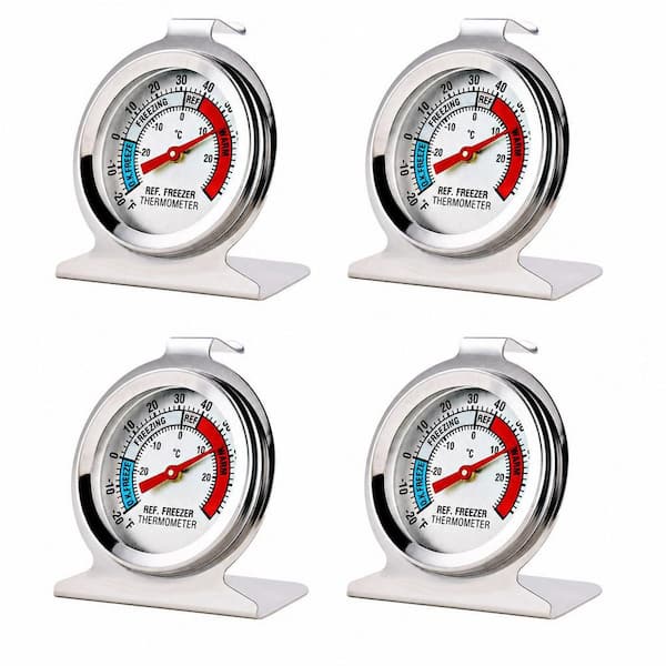 White Analog Refrigerator Thermometer, Waterproof, Classic Style, Stainless Steel, Freezer Safe, 4-Pack