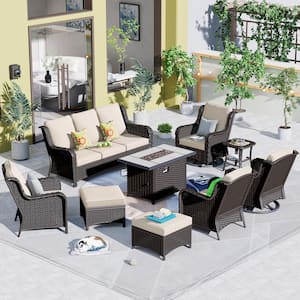 Joyoung Brown 9-Piece Wicker Patio Rectangle Fire Pit Conversation Set with Beige Cushions and Swivel Chairs
