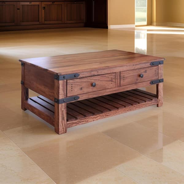 Benjara Umey 30 in. Brown and Black Rectangle Wood Coffee Table with 4 Drawers and Slatted Bottom Shelf