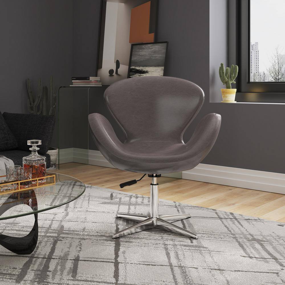 Pebble Faux Leather Swivel Accent Chair in Polished Chrome