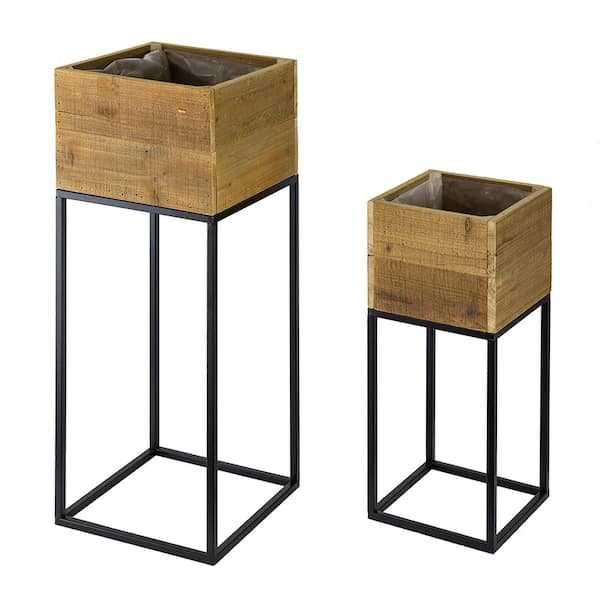 A&B Home Reclaimed Wooden Box With Black Iron Stand-Set of 2-Small