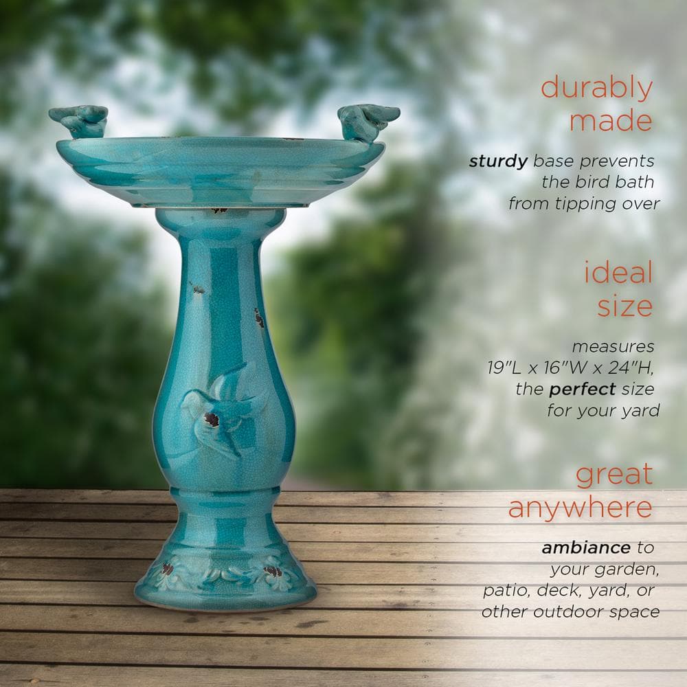Turquoise Ceramic Pedestal Bird Bath with Bird Figurines