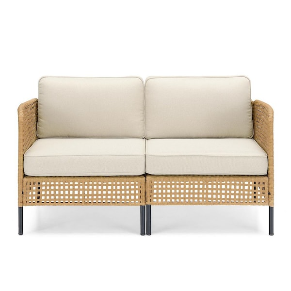 2-Piece Yellow Wicker Patio Conversation Set Outdoor Lounge Chairs, Armrest Chair, Sectional Sofa with Beige Cushions