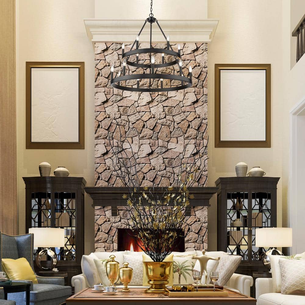 Matte Black 32" Steel 2-Tier 15-Light Chandelier