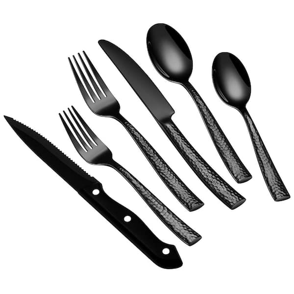 Black Hammered Stainless Steel Flatware Set with Steak Knives, Mirror Cutlery, Service for 8, Dishwasher