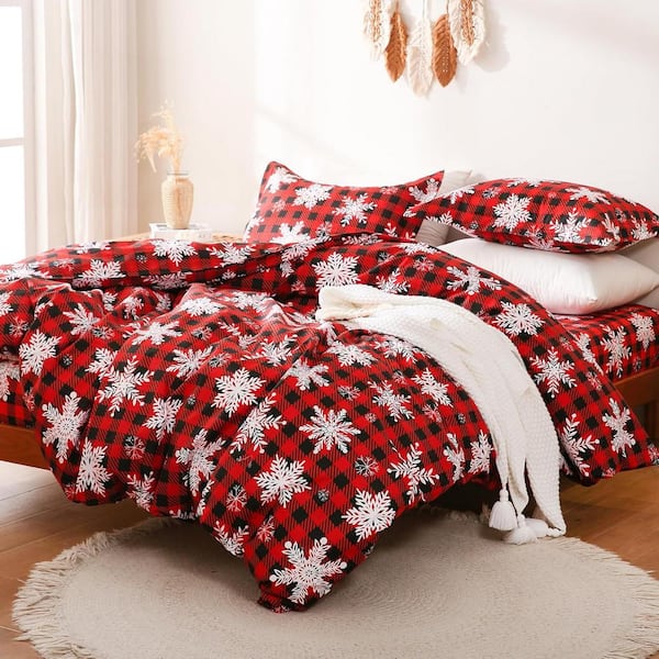 Afoxsos 3-Piece Queen Red Buffalo Plaid Snowflakes Polyester Comforter Set