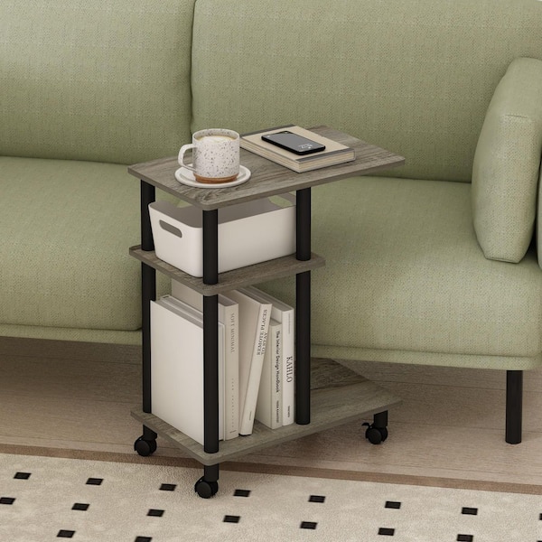 Tomi 19.69 in. French Oak/Black Wood C Shaped End Table with Wheels