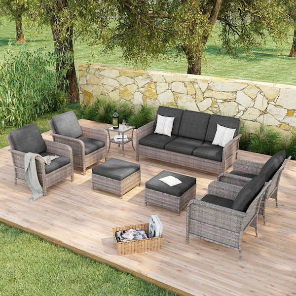 8-Pieces Patio Conversation Set with Outdoor Armchair, Ottomans and Side Table Gray Wicker with Black Cushion