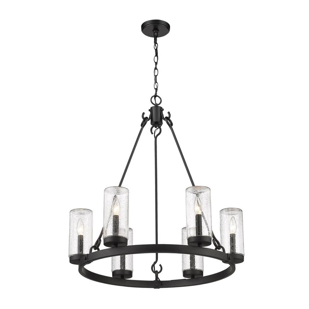 Marlow Matte Black Steel 6-Light Outdoor Pendant with Clear Seedy Glass