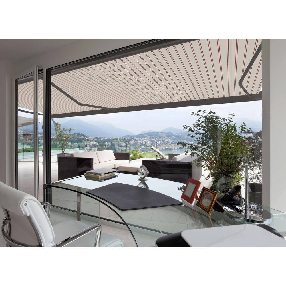 Beige and Red Striped Motorized Patio Awning with Aluminum Frame