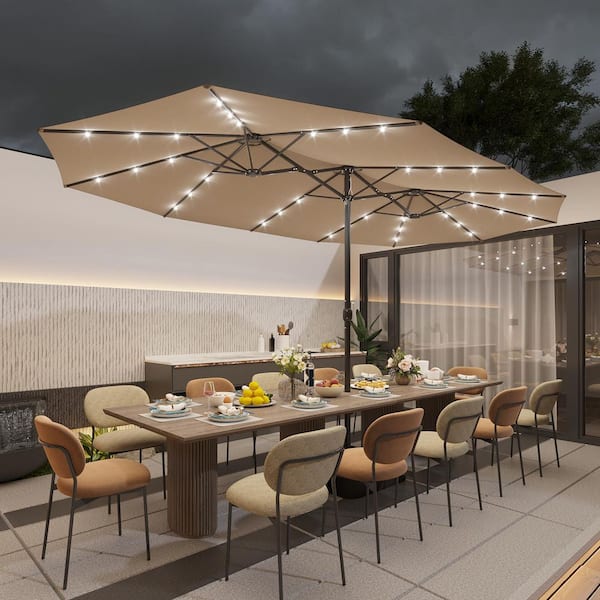 15 ft. Large Market Patio Umbrella with 36 Solar Lights Double-Sided Outdoor Umbrella with Base for Garden Deck in Beige