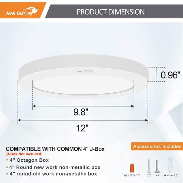 12 in. Modern White 1500LM Ultra-Thin Integrated LED Flush Mount Ceiling Light With Motion Sensor Adjustable 5CCT