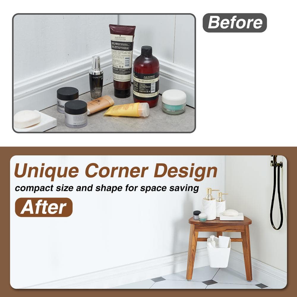 Teak Corner Shower Stool with Storage Shelf