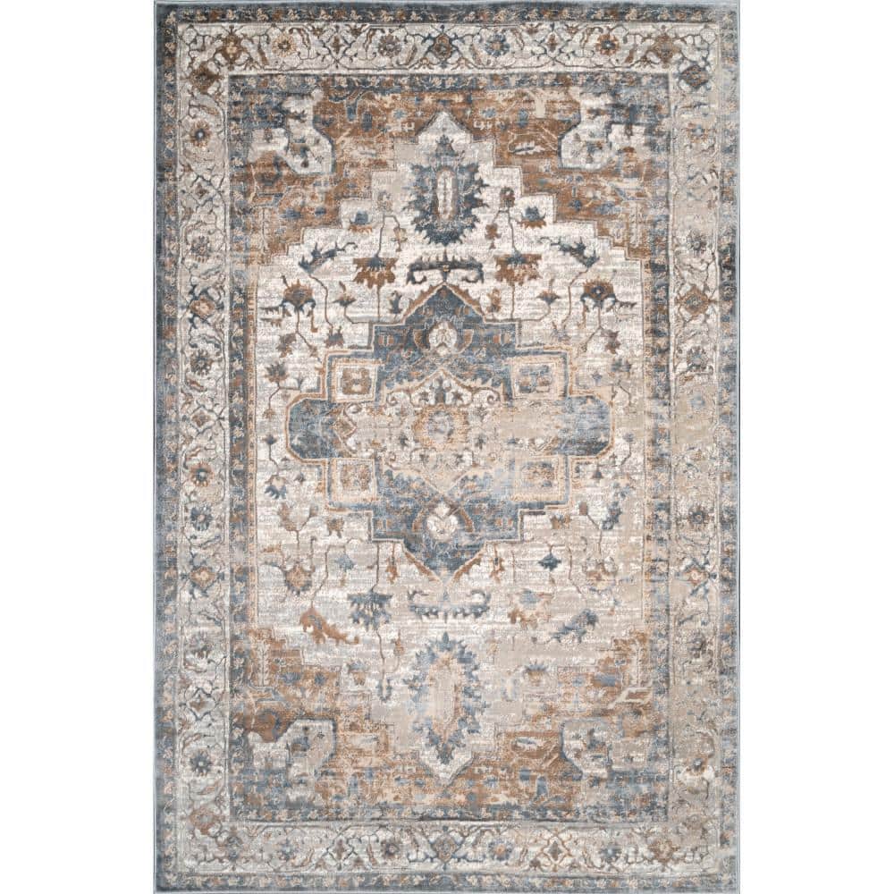 Vintage Medallion Beige and Blue Synthetic Area Rug