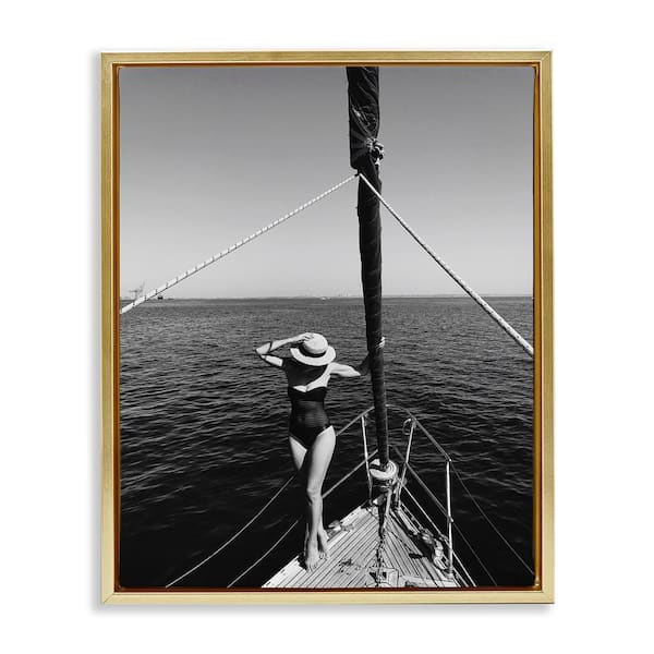 Stupell Industries Woman Posing on Boat by LSR Design Studio Gold Floater Frame People Graphic Art Print 21 in. x 17 in.