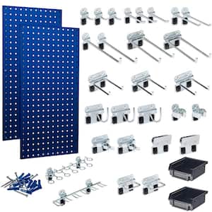 (2) 18 in. W x 36 in. H Blue Steel Square Hole Pegboards with 30-piece LocHook Assortment and Hanging Bin System