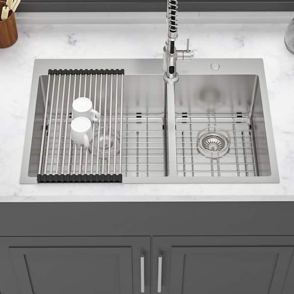 33 in. Drop-In Double Bowl (60/40) 16-Gauge Brushed Nickel Stainless Steel Kitchen Sink with Bottom Grid