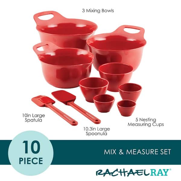 Rachael Ray Mix and Measure Mixing Bowl Measuring Cup and Utensil Set, 10-Piece, Red